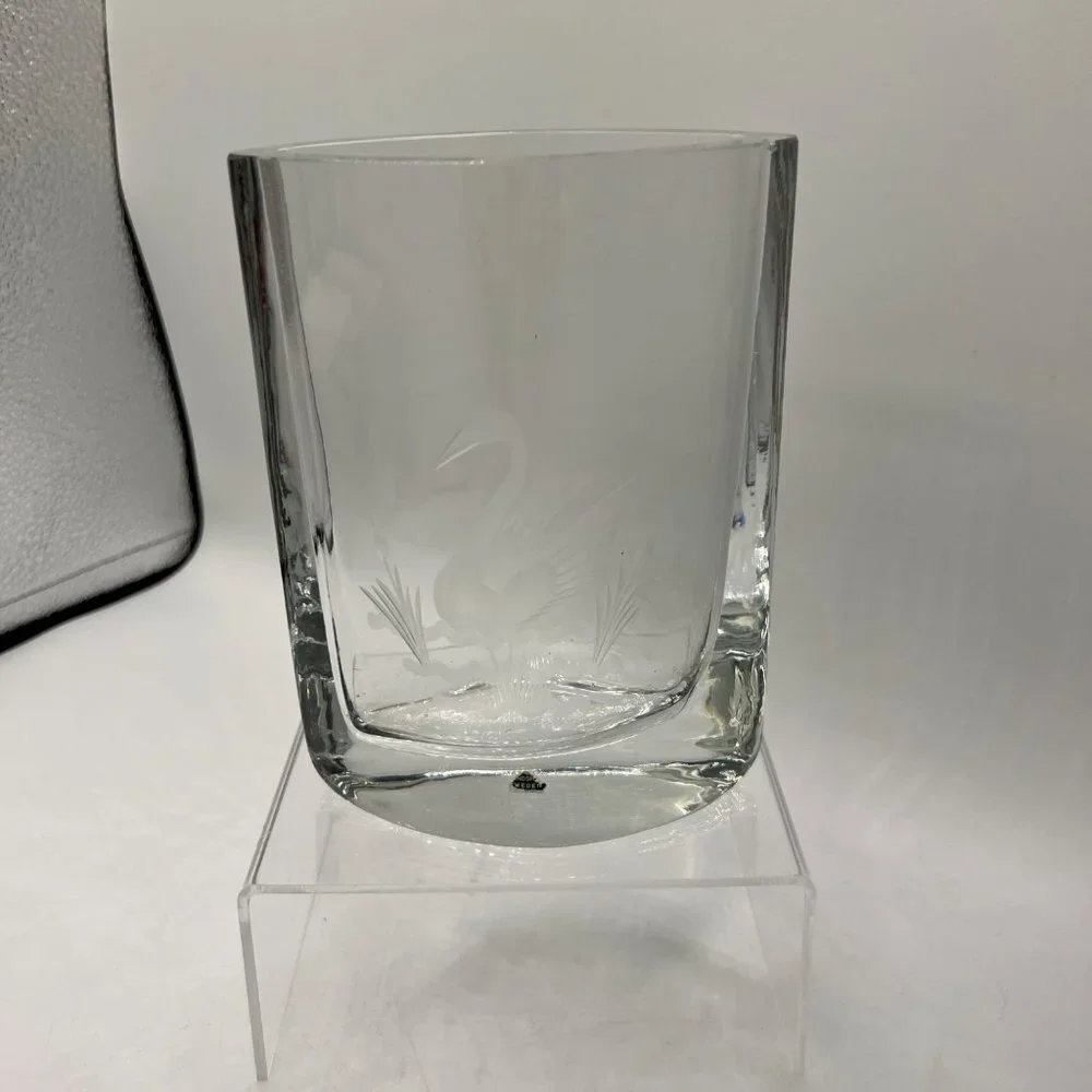SMALANDSHYTTAN JOSEF SCHOTT Crystal Etched Vase ~ Heavy Art Glass Oval Vase with